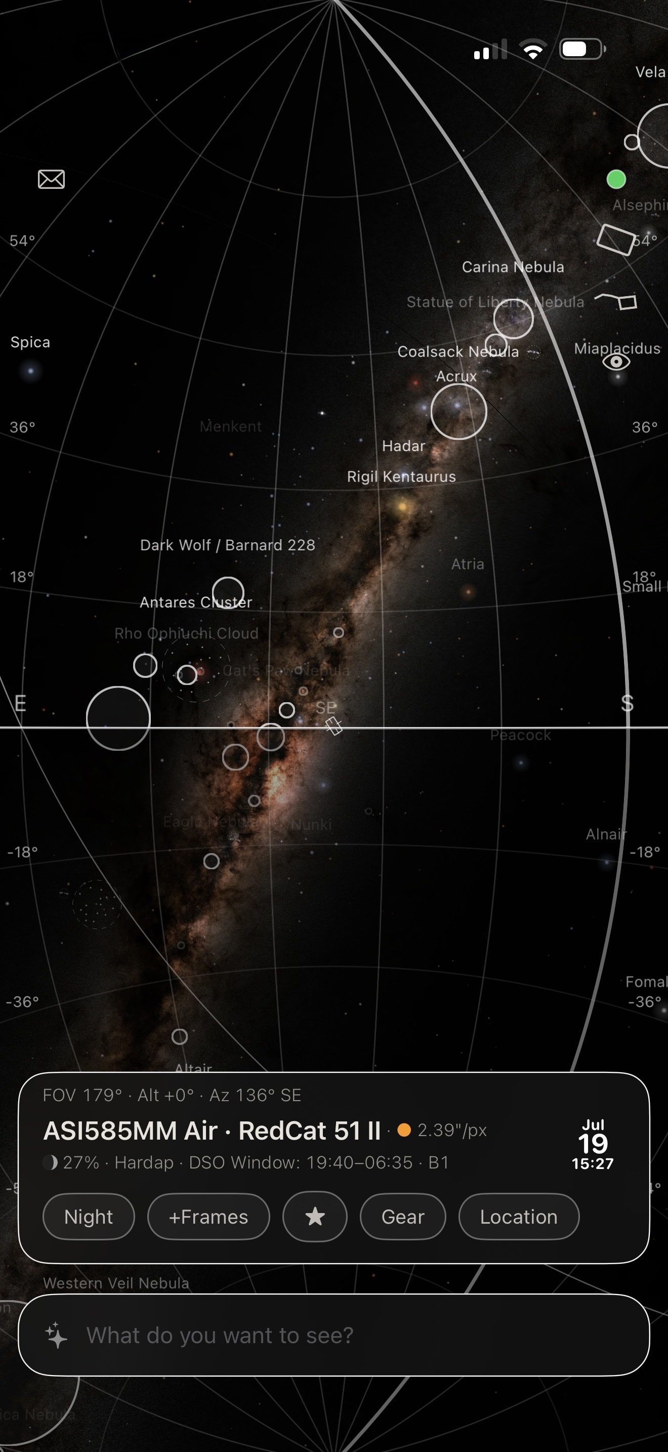 +Frames atlas showing the Milky Way and tonight's targets